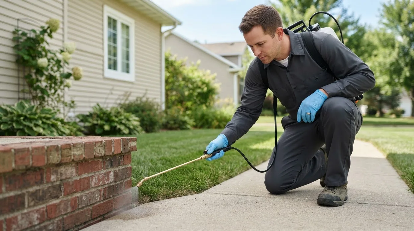 Pest control technician treating a home near Waldorf, MN